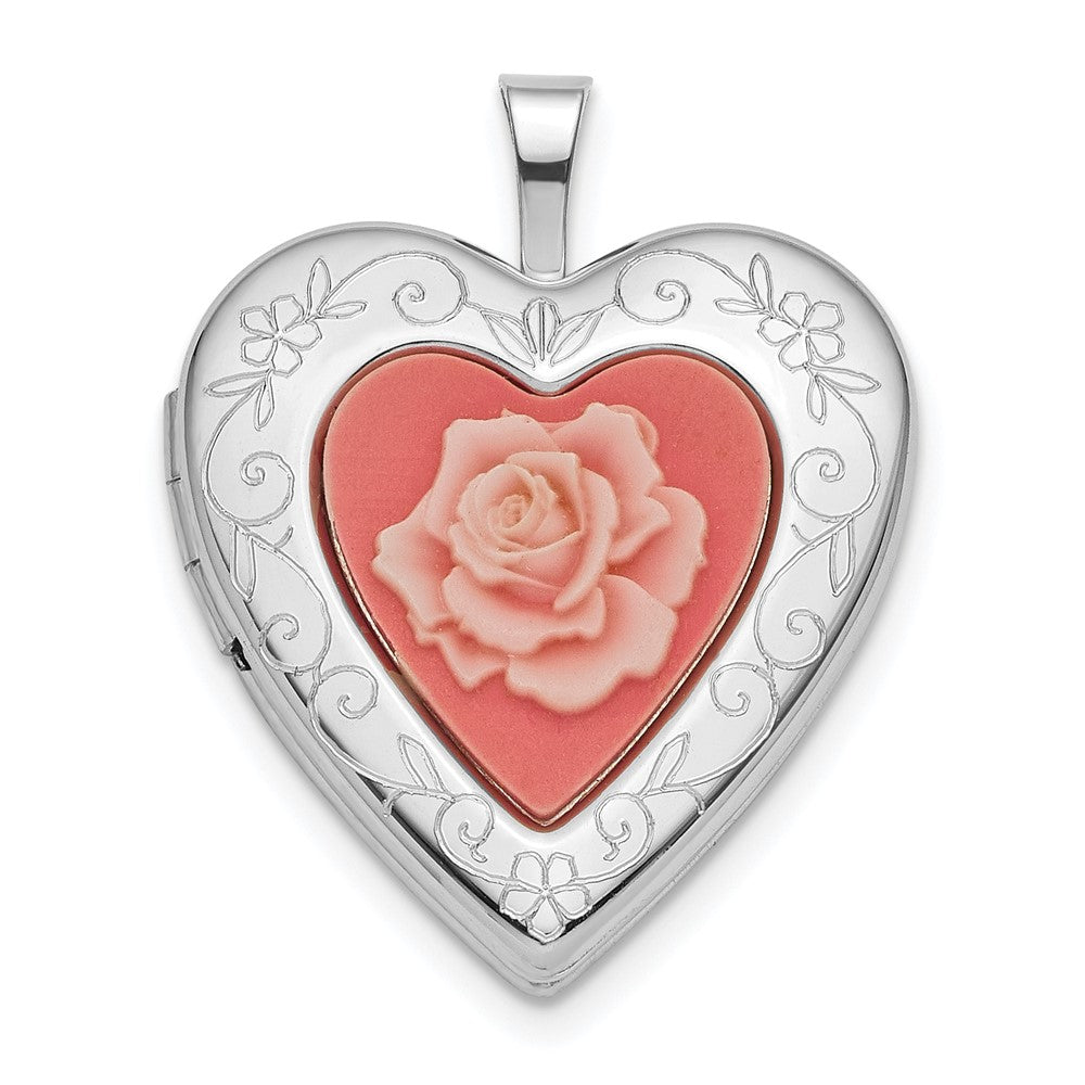 Sterling Silver Rhodium-plated Pink Rose Resin Cameo Heart Locket