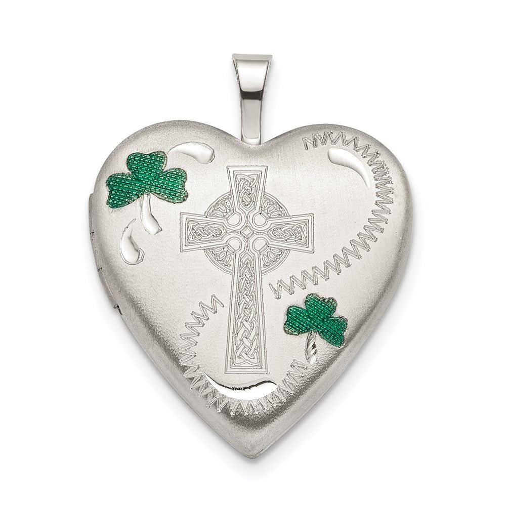 Sterling Silver Rhod-pltd Green Enamel Clover/Cross Heart Locket
