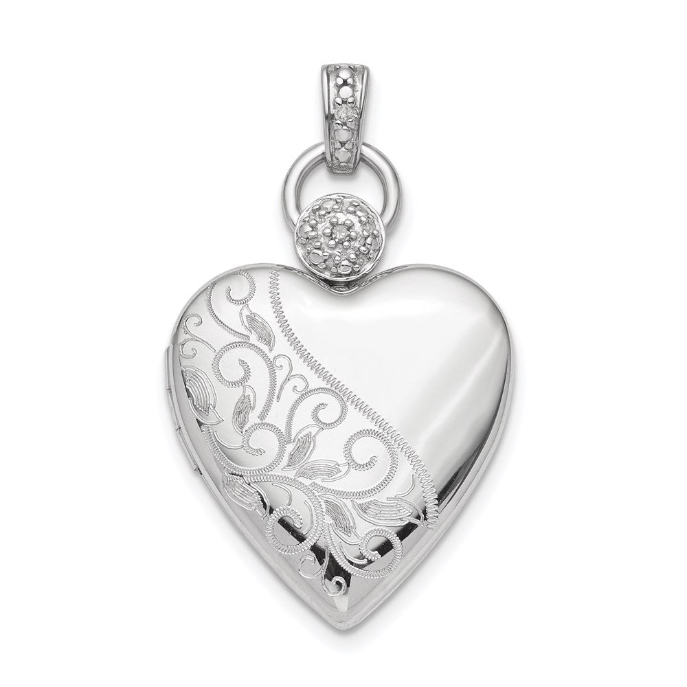 Sterling Silver Rhodium-plated Heart Dia. Accent D/C Satin Locket