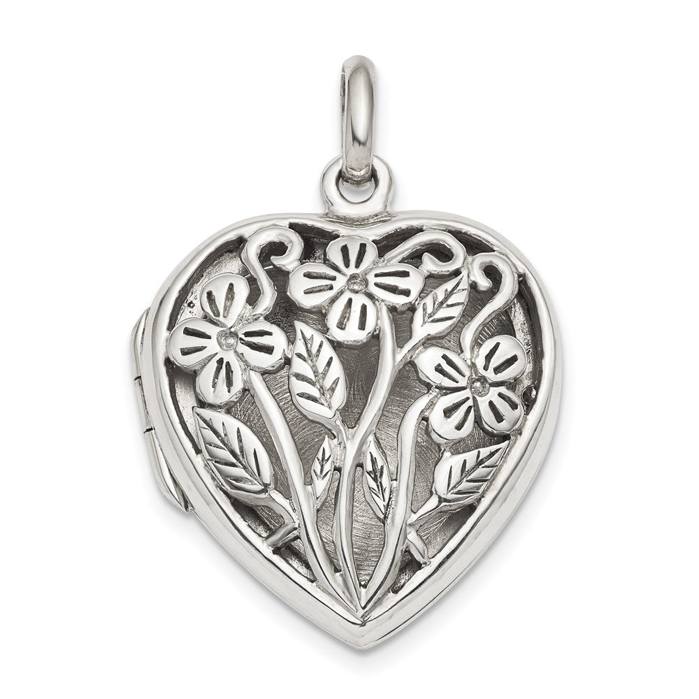 Sterling Silver Polished & Antiqued Filigree Floral Top Heart Locket