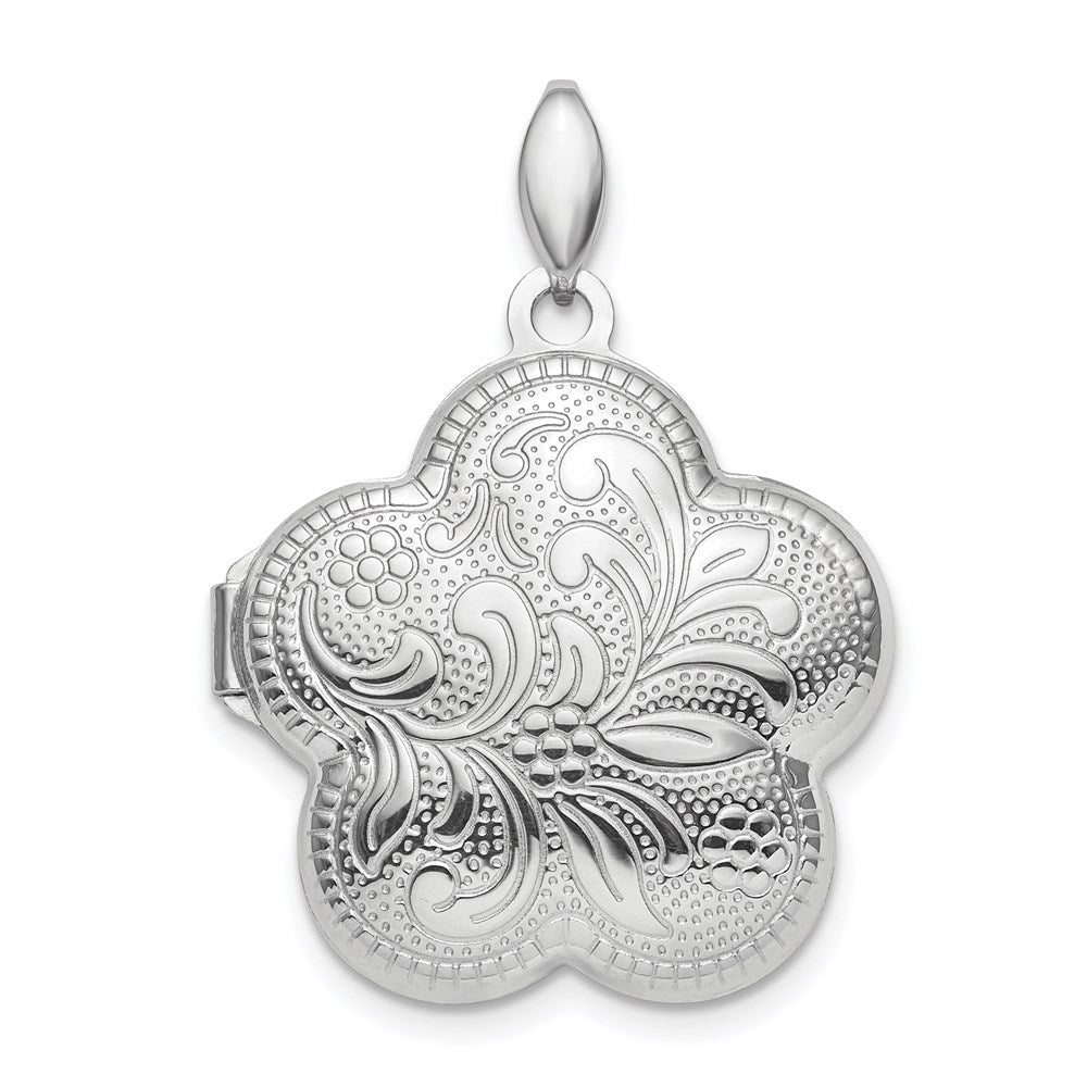 Sterling Silver Rhodium-plated Polished Domed Swirl Flower Locket