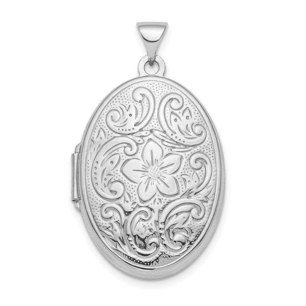 Sterling Silver Rhod-plated Floral Swirl Reversible Oval Locket