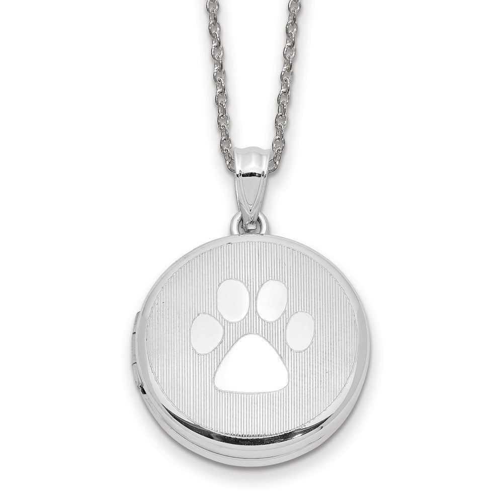 Sterling Silver Rhodium 20mm Grooved & Pawprint Round Locket Necklace