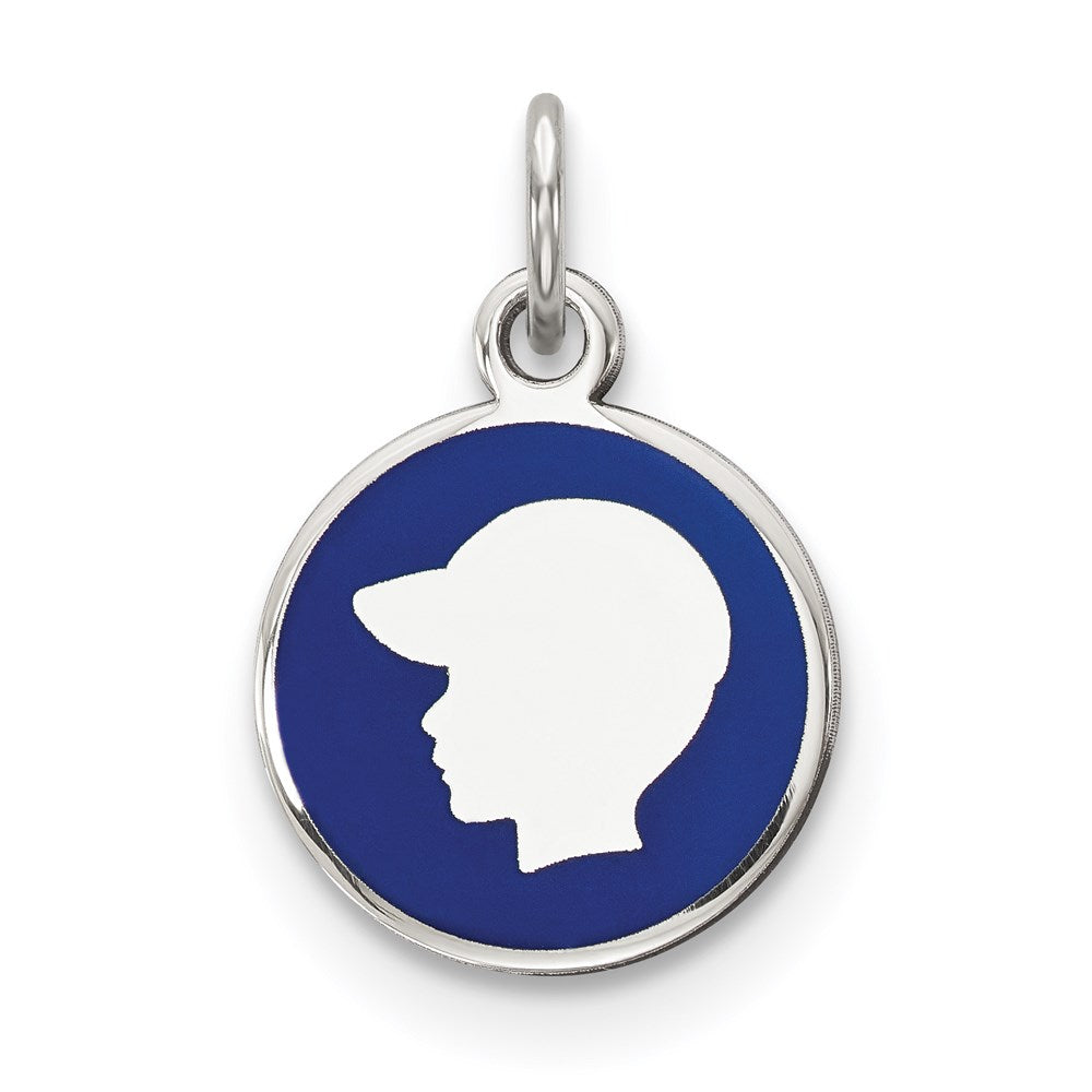 Sterling Silver Rhod-plate Blue Enamel Left Facing Boy Head Disc Charm