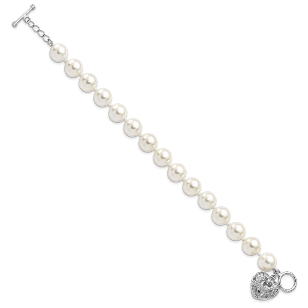 Majestik Sterling Silver Rhodium-plated 10- White Imitation Shell Pearl with Heart Hand-knotted Bracelet