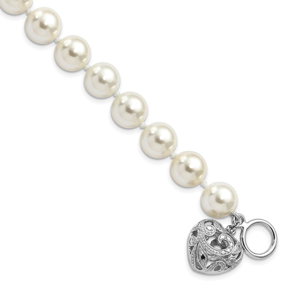 Majestik Sterling Silver Rhodium-plated 10- White Imitation Shell Pearl with Heart Hand-knotted Bracelet
