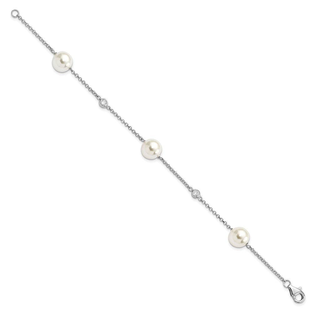 Majestik Sterling Silver Rhodium-plated 10- White Imitation Shell Pearl and CZ Hand-knotted Station Bracelet