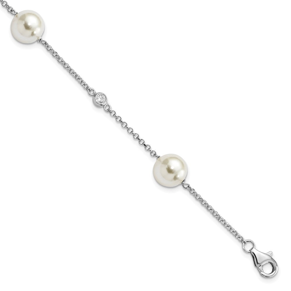 Majestik Sterling Silver Rhodium-plated 10- White Imitation Shell Pearl and CZ Hand-knotted Station Bracelet
