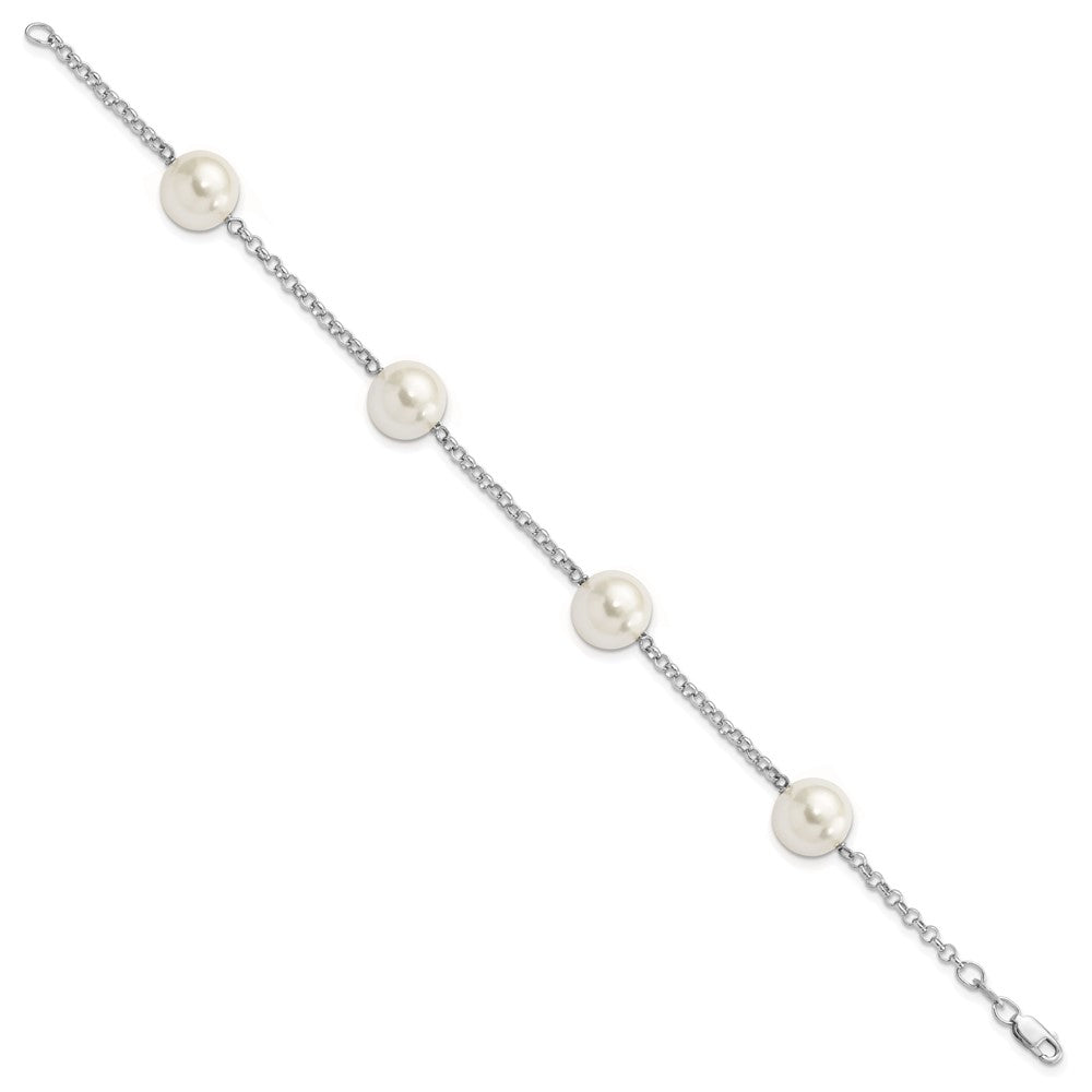 Sterling Silver Rhodium-plated 10- White Imitation Shell Pearl 4 Station Bracelet
