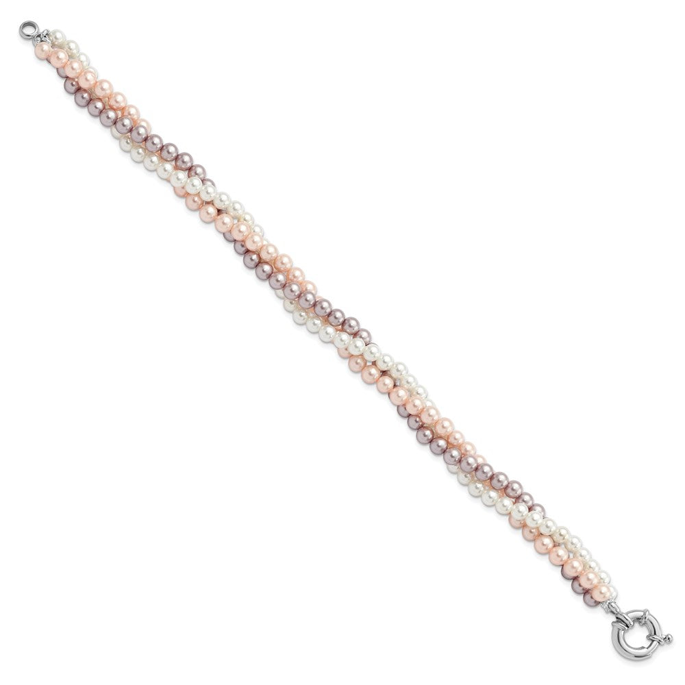 Majestik Sterling Silver Rhodium-plated 3Row 4- White Pink Purple Imitation Shell Pearl Hand-knotted Bracelet