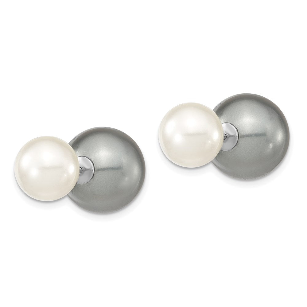 Majestik Sterling Silver Rhodium-plated 10- and 14- Grey with White Imitation Shell Pearl Front Back Post Earrings