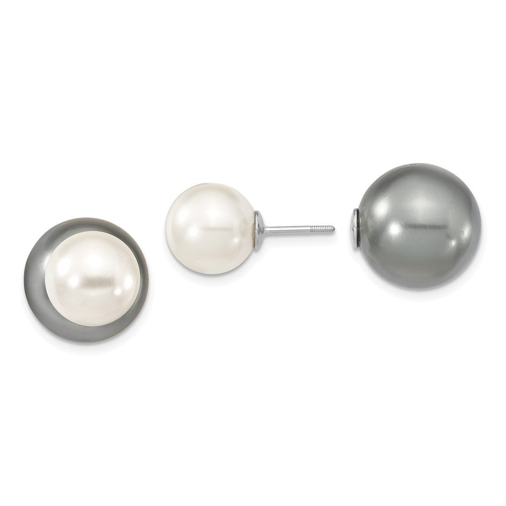 Majestik Sterling Silver Rhodium-plated 10- and 14- Grey with White Imitation Shell Pearl Front Back Post Earrings