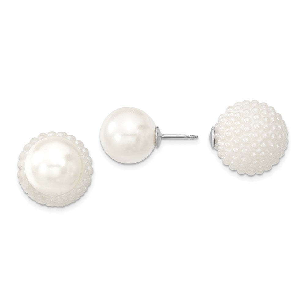 Majestik Sterling Silver Rhodium-plated 11- and 15- White with White Imitation Shell Pearl Front Back Post Earrings