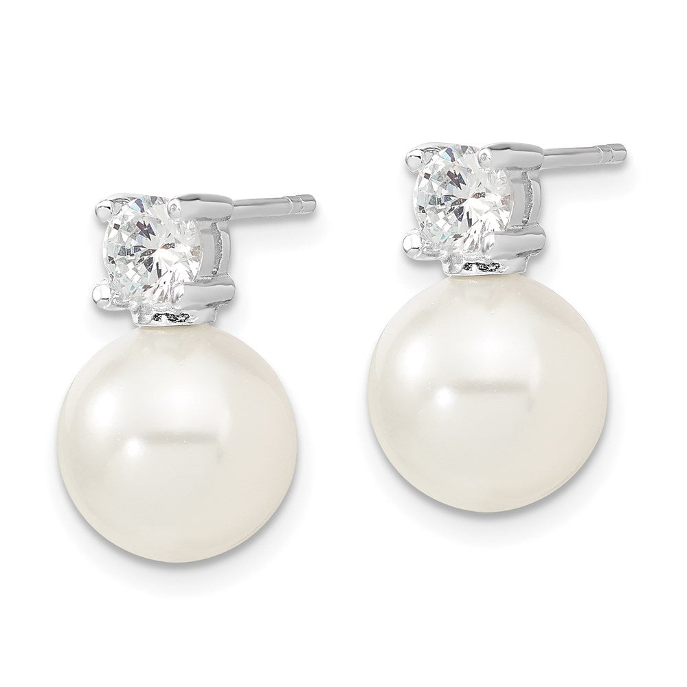 Majestik Sterling Silver Rhodium-plated 10- White Imitation Shell Pearl and CZ Post Earrings