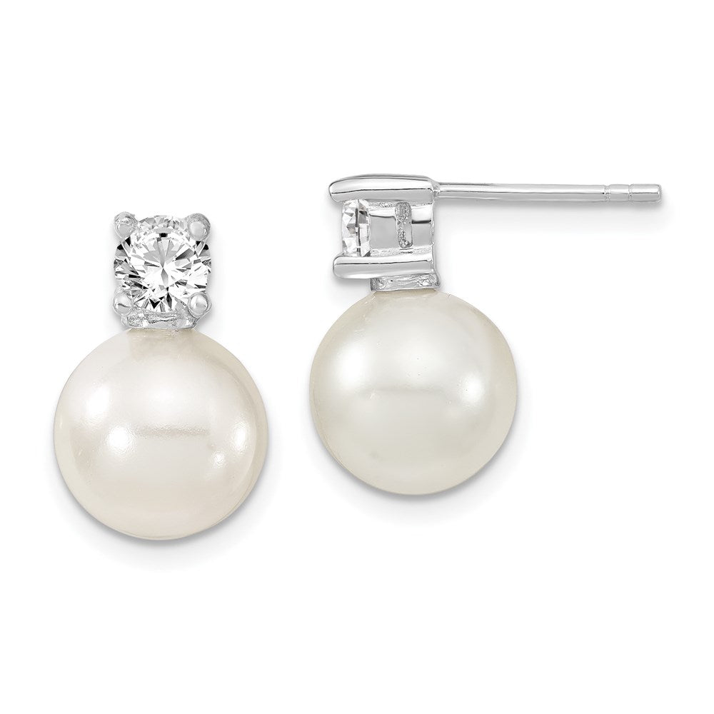 Majestik Sterling Silver Rhodium-plated 10- White Imitation Shell Pearl and CZ Post Earrings