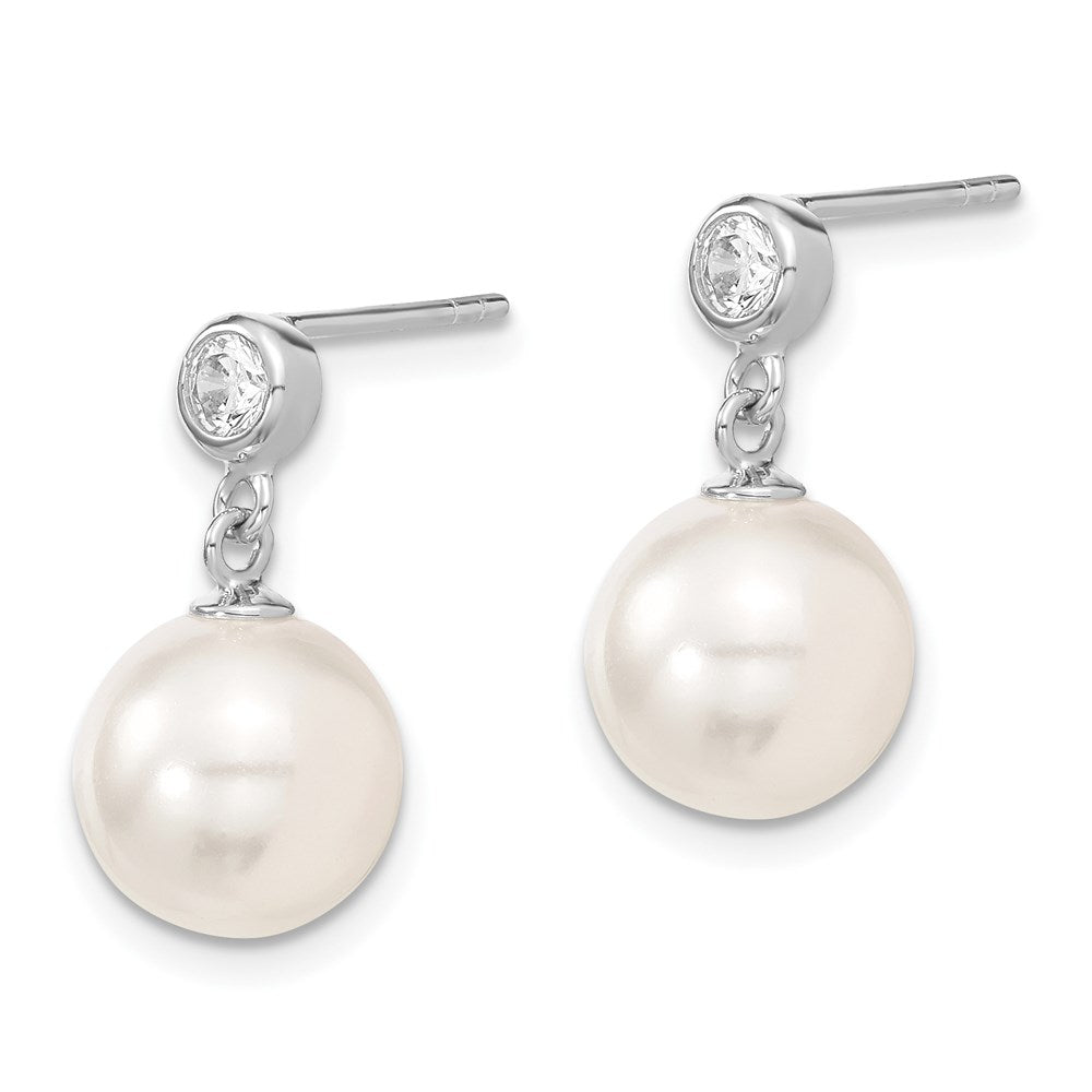 Majestik Sterling Silver Rhodium-plated 10- White Imitation Shell Pearl and CZ Dangle Earrings