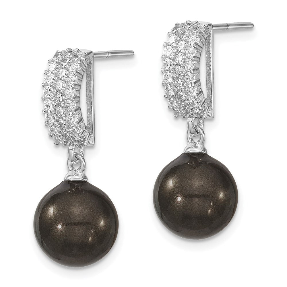 Majestik Sterling Silver Rhodium-plated 10- Black Imitation Shell Pearl and CZ Post Dangle Earrings