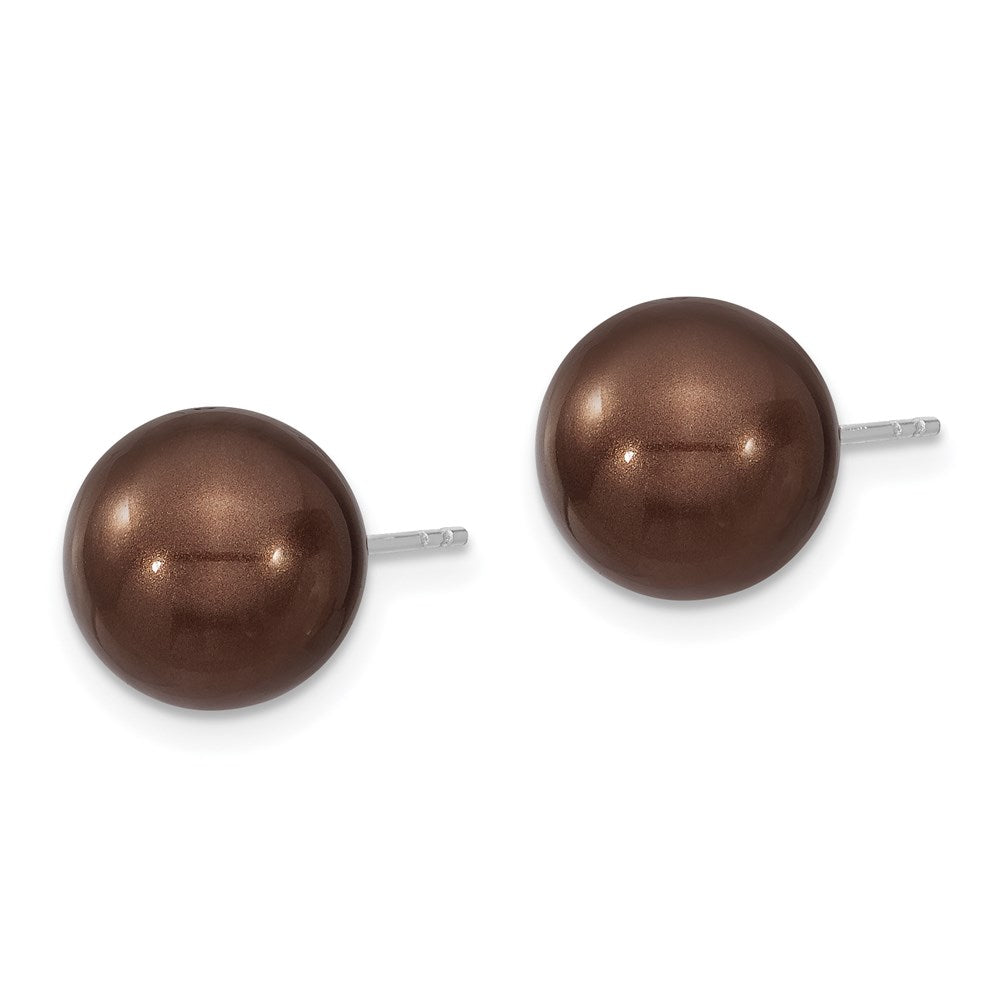Majestik Sterling Silver Rhodium-plated 10- Brown Imitation Shell Pearl Stud Earrings