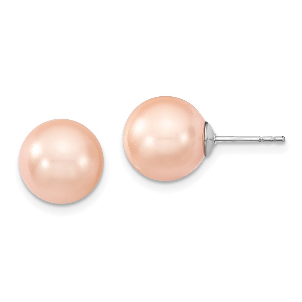 Majestik Sterling Silver Rhodium-plated 10- Pink Imitation Shell Pearl Stud Earrings