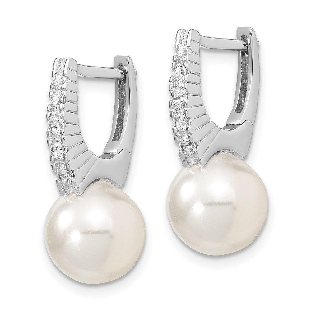 Majestik Sterling Silver Rhodium-plated 10- White Imitation Shell Pearl CZ Hinged Post Dangle Earrings