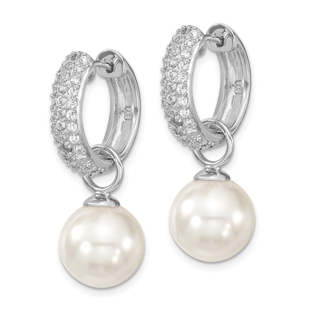 Majestik Sterling Silver Rhodium-plated CZ 12- Black and White Interchangeable Shell Pearl Hinged Hoop Earrings