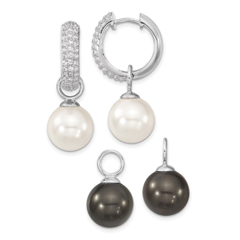 Majestik Sterling Silver Rhodium-plated CZ 12- Black and White Interchangeable Shell Pearl Hinged Hoop Earrings