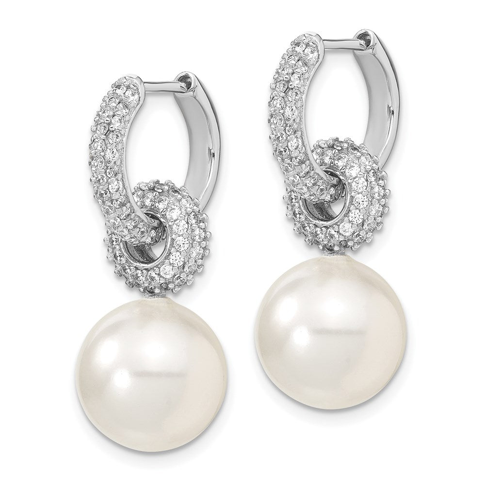 Majestik Sterling Silver Rhodium-plated 12- White Imitation Shell Pearl Dangle Endless CZ Hoop Earrings