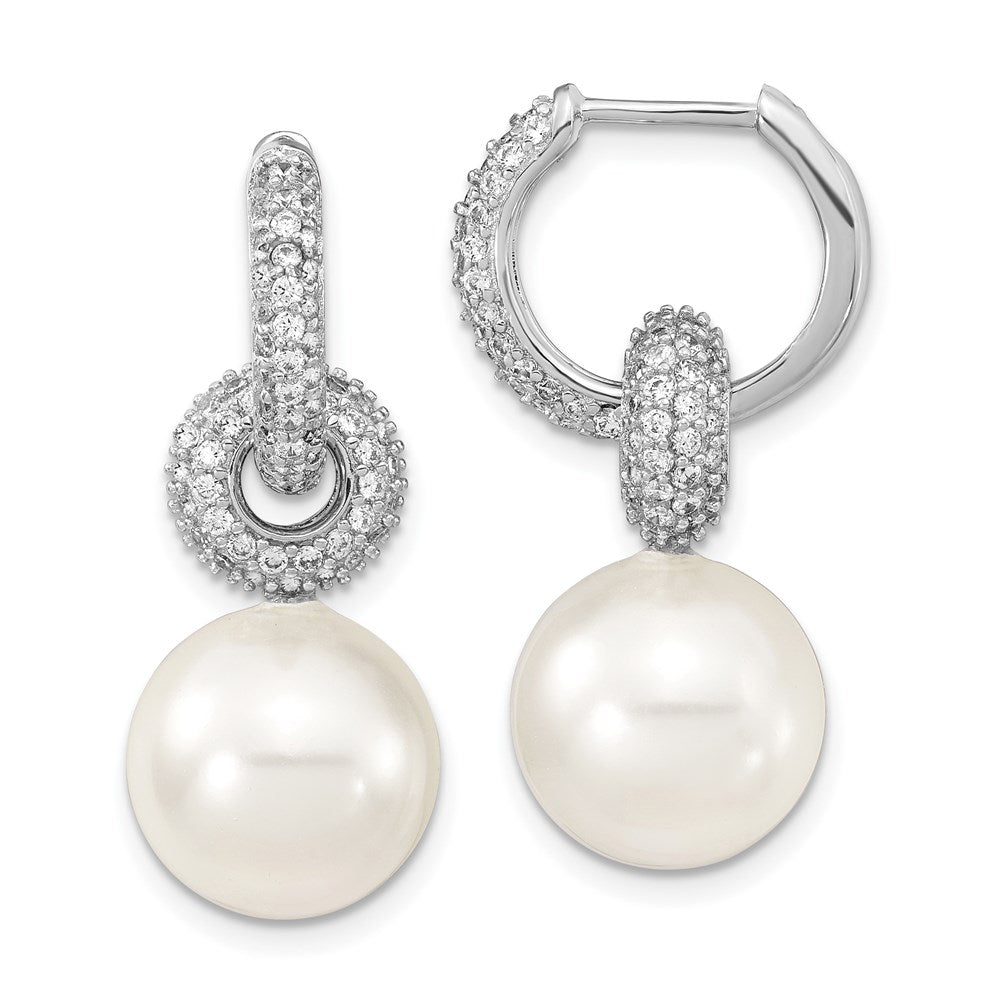 Majestik Sterling Silver Rhodium-plated 12- White Imitation Shell Pearl Dangle Endless CZ Hoop Earrings