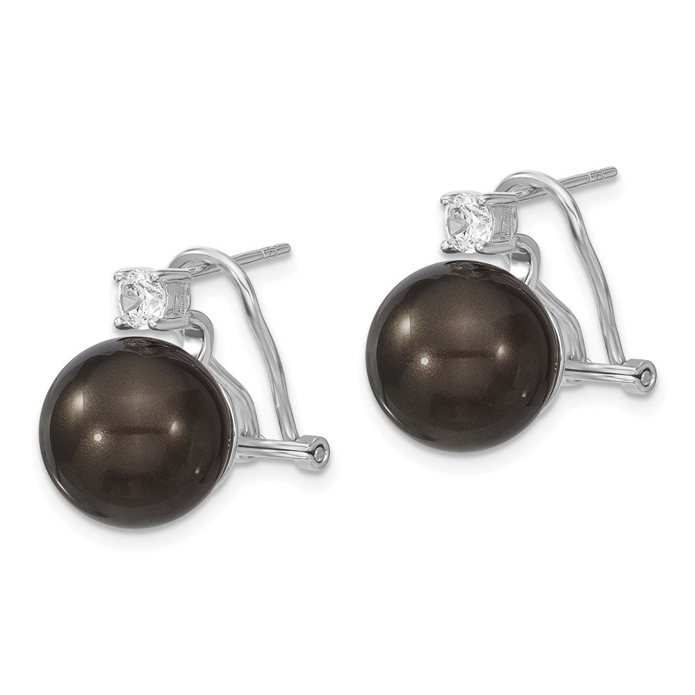 Majestik Sterling Silver Rhodium-plated 12- Black Imitation Shell Pearl and CZ Omega Back Earrings