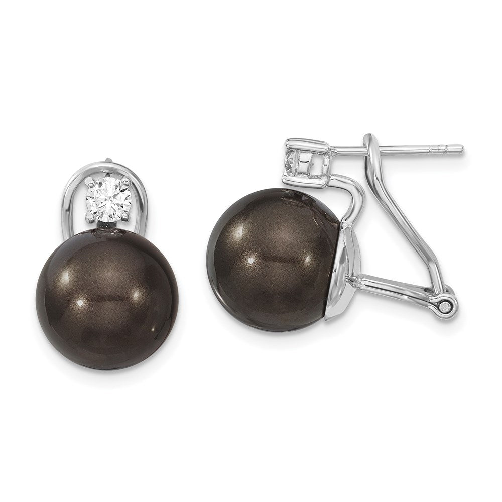 Majestik Sterling Silver Rhodium-plated 12- Black Imitation Shell Pearl and CZ Omega Back Earrings