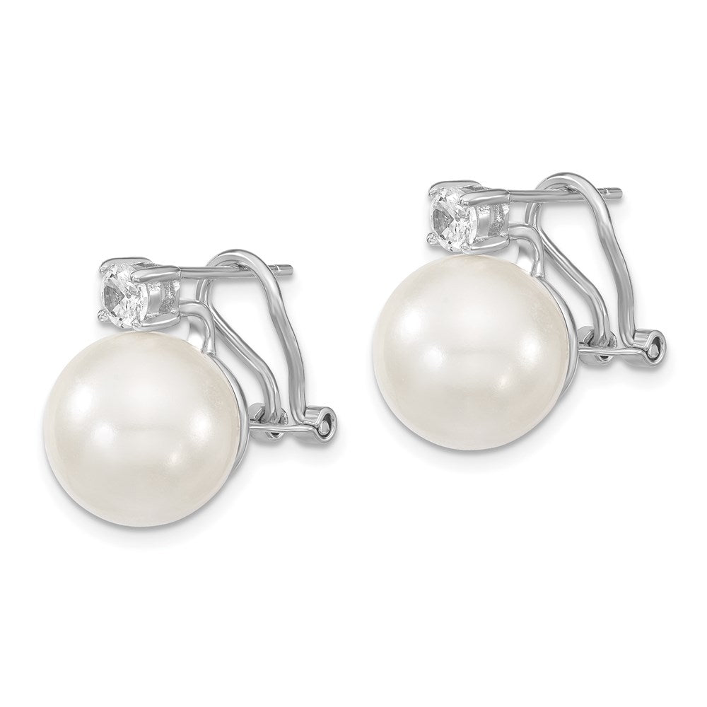 Majestik Sterling Silver Rhodium-plated 12- White Shell Imitation Pearl and Clear CZ Omega Back Post Earrings