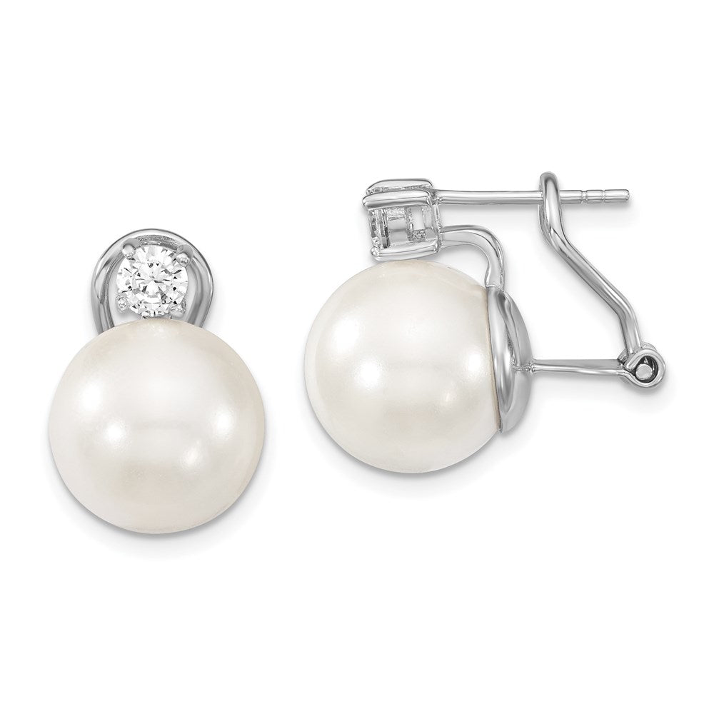 Majestik Sterling Silver Rhodium-plated 12- White Shell Imitation Pearl and Clear CZ Omega Back Post Earrings