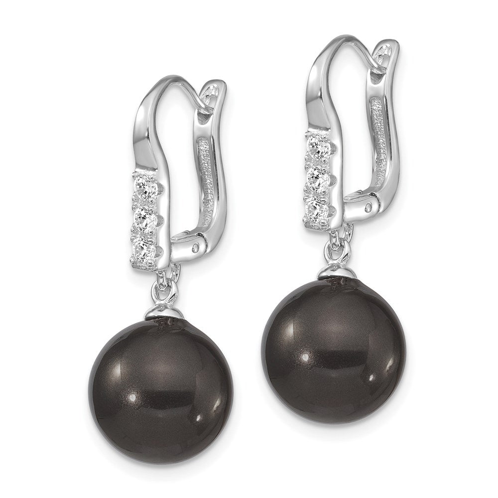 Majestik Sterling Silver Rhodium-plated 10- Black Imitation Shell Pearl CZ Hinged Post Dangle Earrings