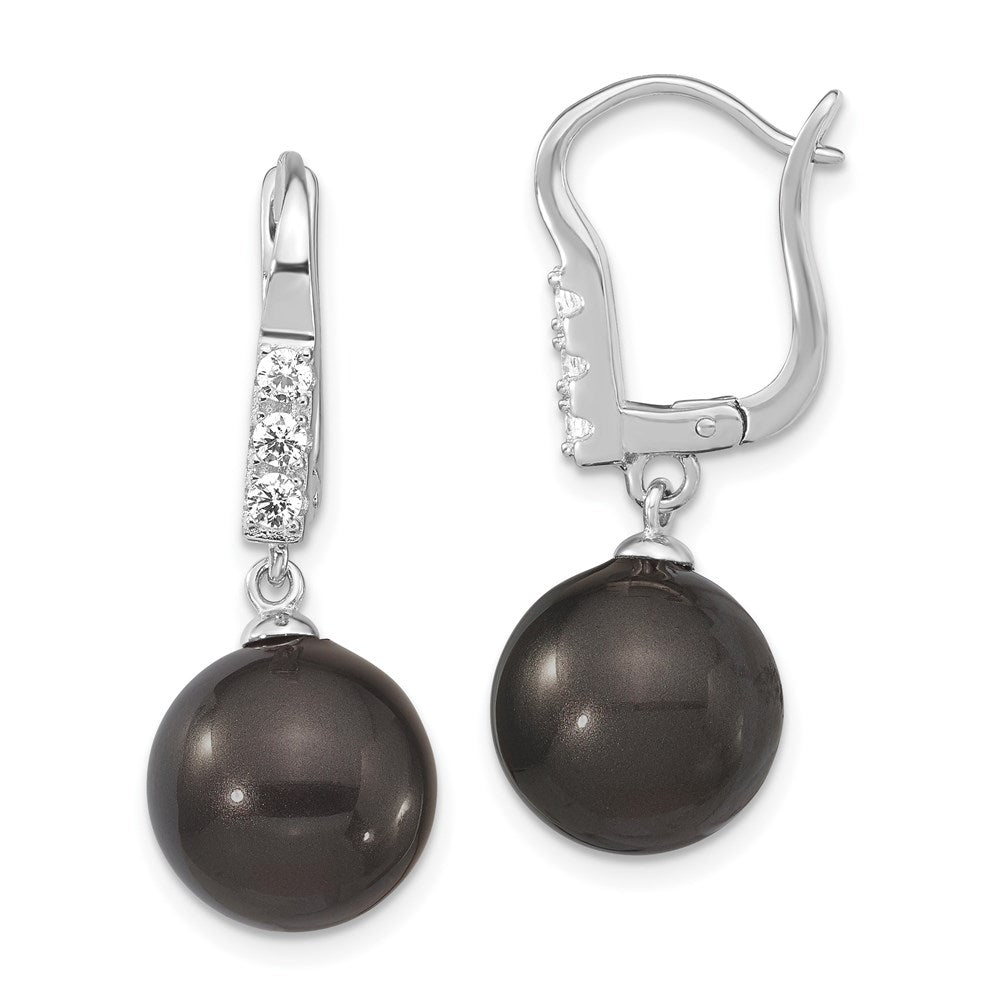 Majestik Sterling Silver Rhodium-plated 10- Black Imitation Shell Pearl CZ Hinged Post Dangle Earrings