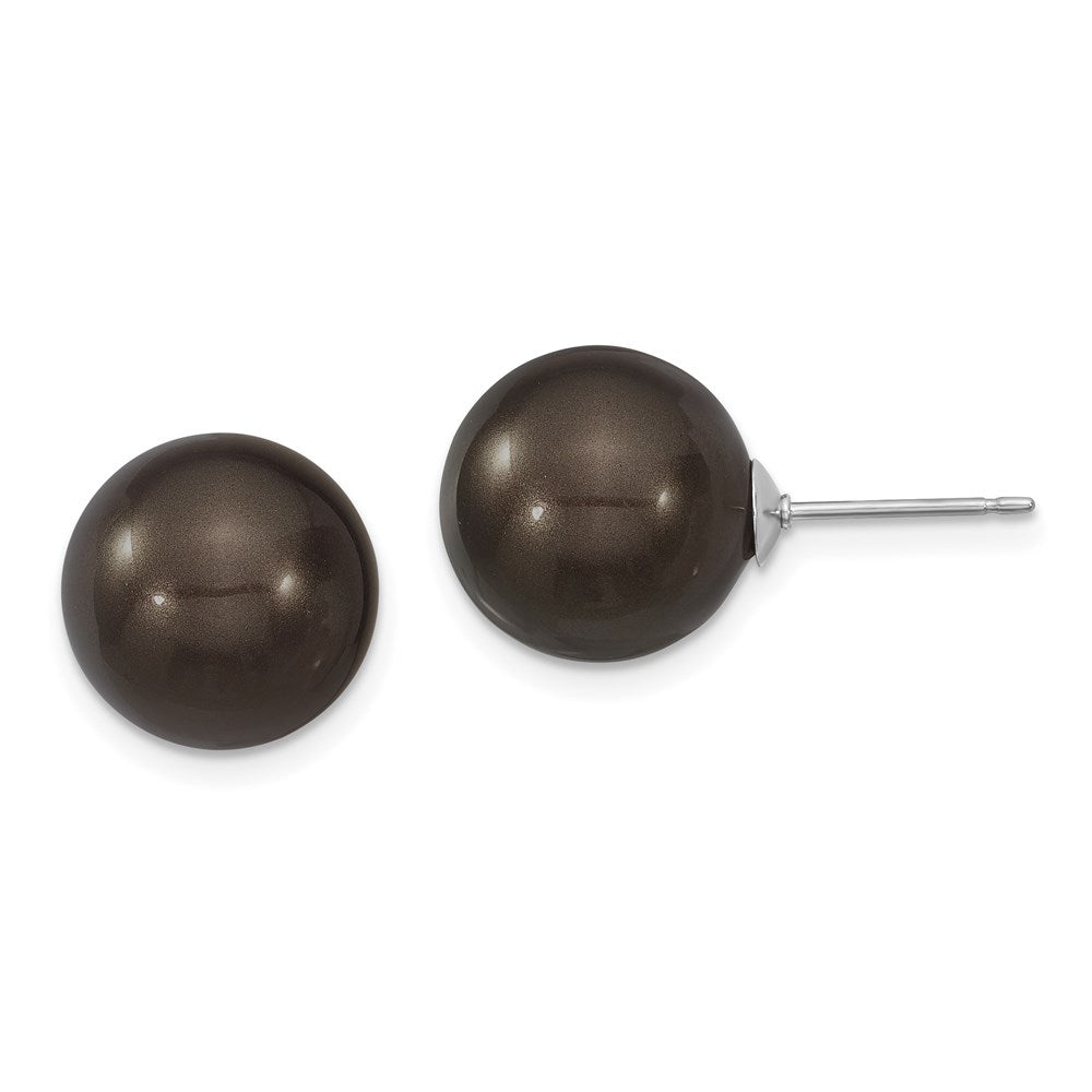 Majestik Sterling Silver Rhodium-plated 12- Black Imitation Shell Pearl Stud Earrings