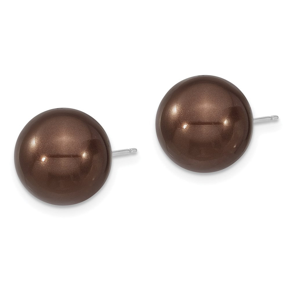 Majestik Sterling Silver Rhodium-plated 12- Brown Imitation Shell Pearl Stud Earrings