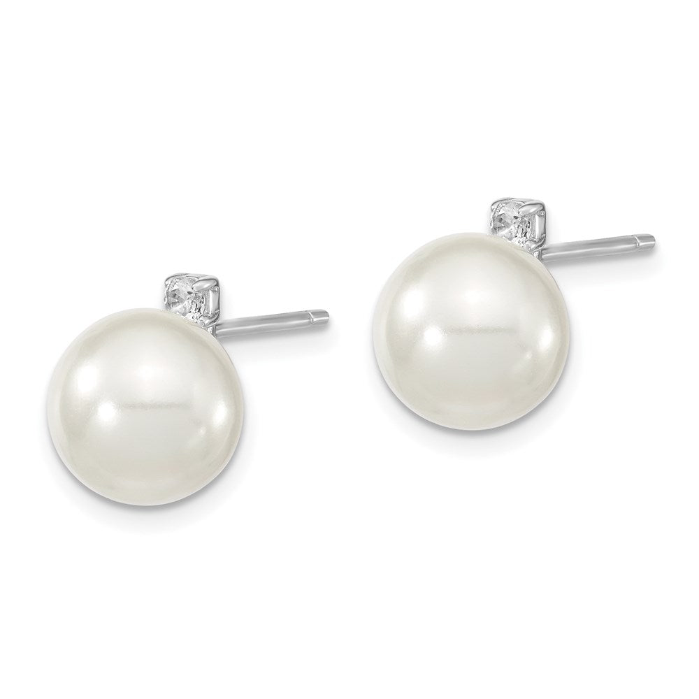 Majestik Sterling Silver Rhodium-plated 8- White Imitation Shell Pearl and CZ Post Earrings