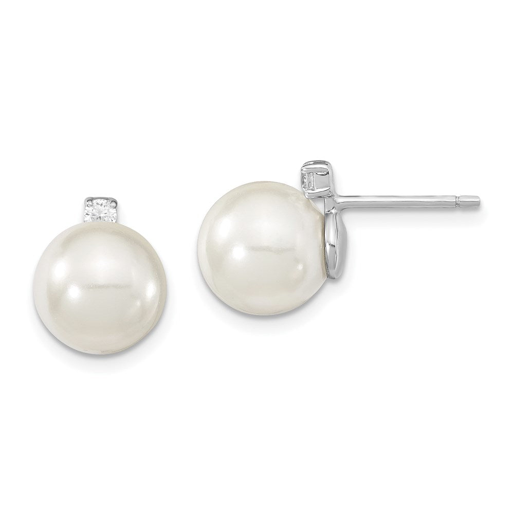 Majestik Sterling Silver Rhodium-plated 8- White Imitation Shell Pearl and CZ Post Earrings