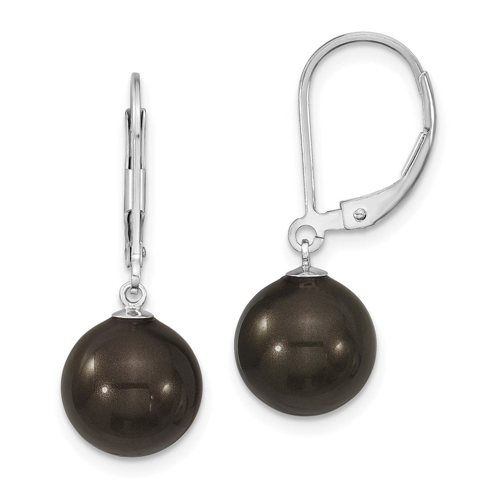 Majestik Sterling Silver Rhodium-plated 10- Black Imitation Shell Pearl Leverback Dangle Earring