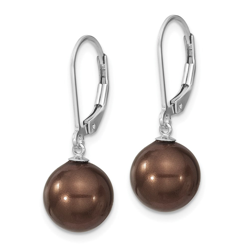 Majestik Sterling Silver Rhodium-plated 10- Brown Imitation Shell Pearl Leverback Dangle Earrings