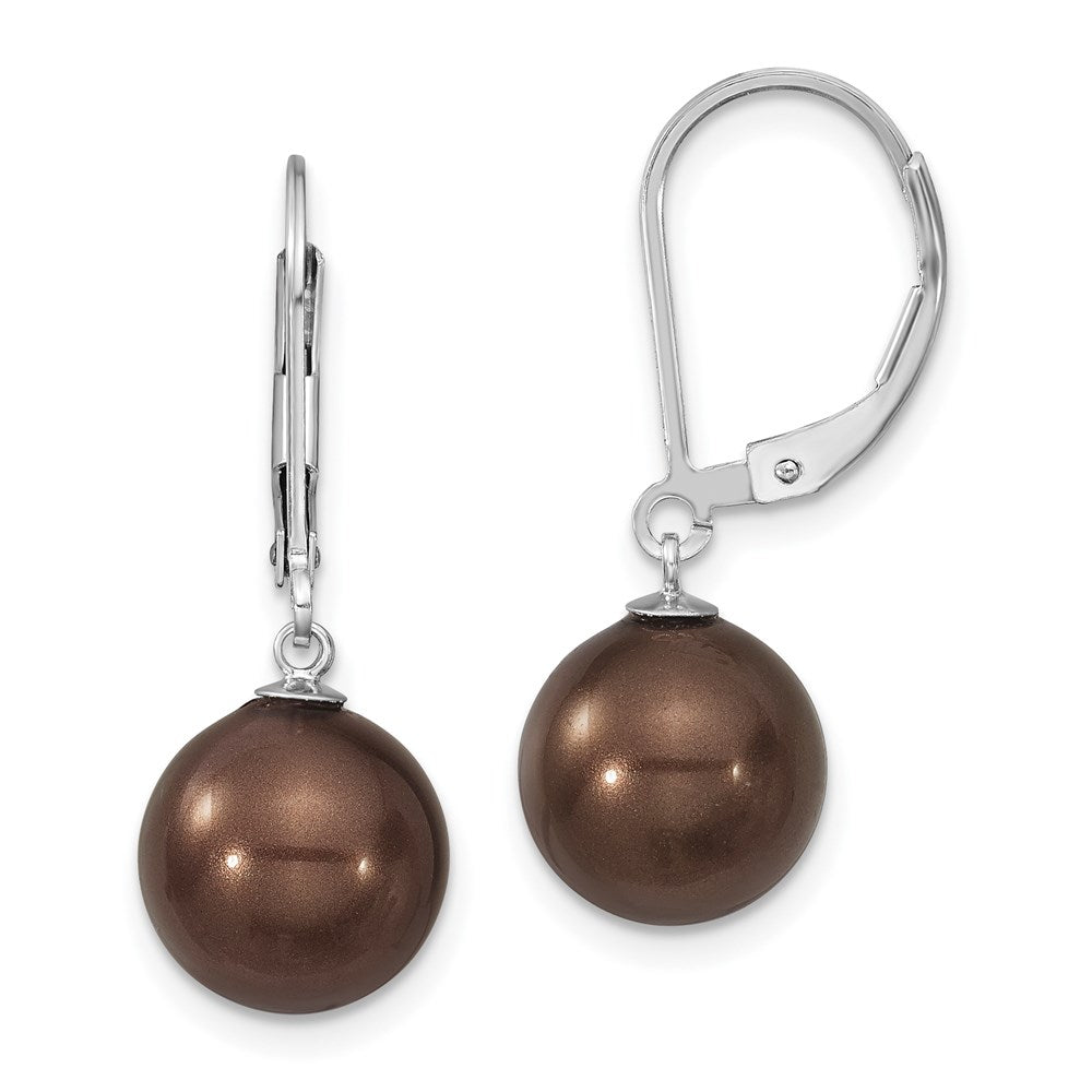 Majestik Sterling Silver Rhodium-plated 10- Brown Imitation Shell Pearl Leverback Dangle Earrings