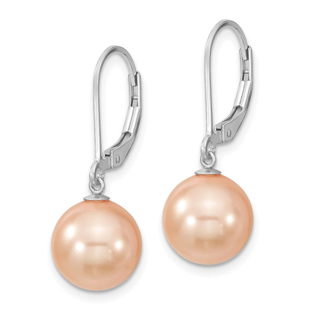 Majestik Sterling Silver Rhodium-plated 10- Pink Imitation Shell Pearl Leverback Dangle Earring