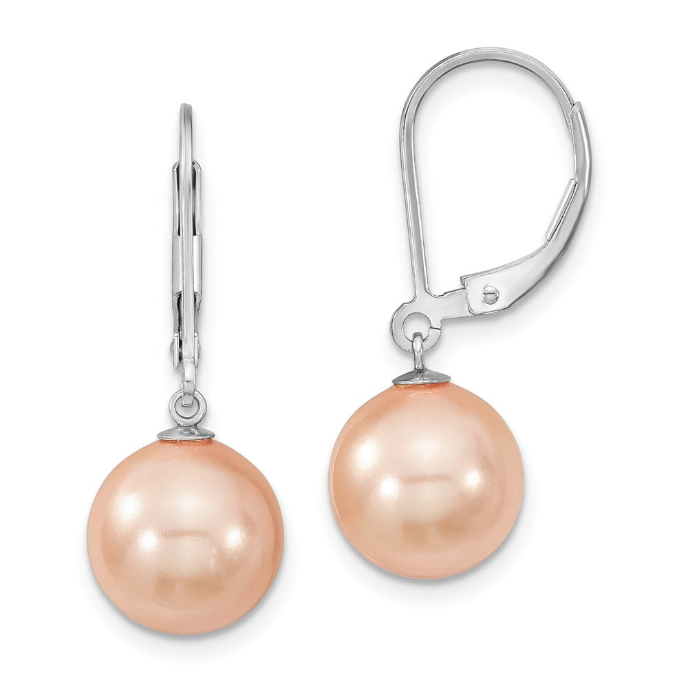 Majestik Sterling Silver Rhodium-plated 10- Pink Imitation Shell Pearl Leverback Dangle Earring