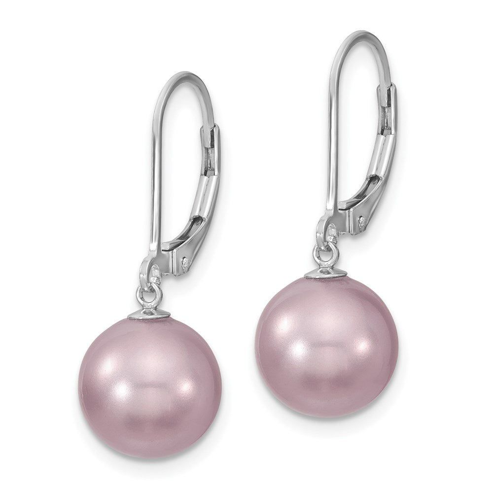 Majestik Sterling Silver Rhodium-plated 10- Purple Imitation Shell Pearl Leverback Dangle Earrings
