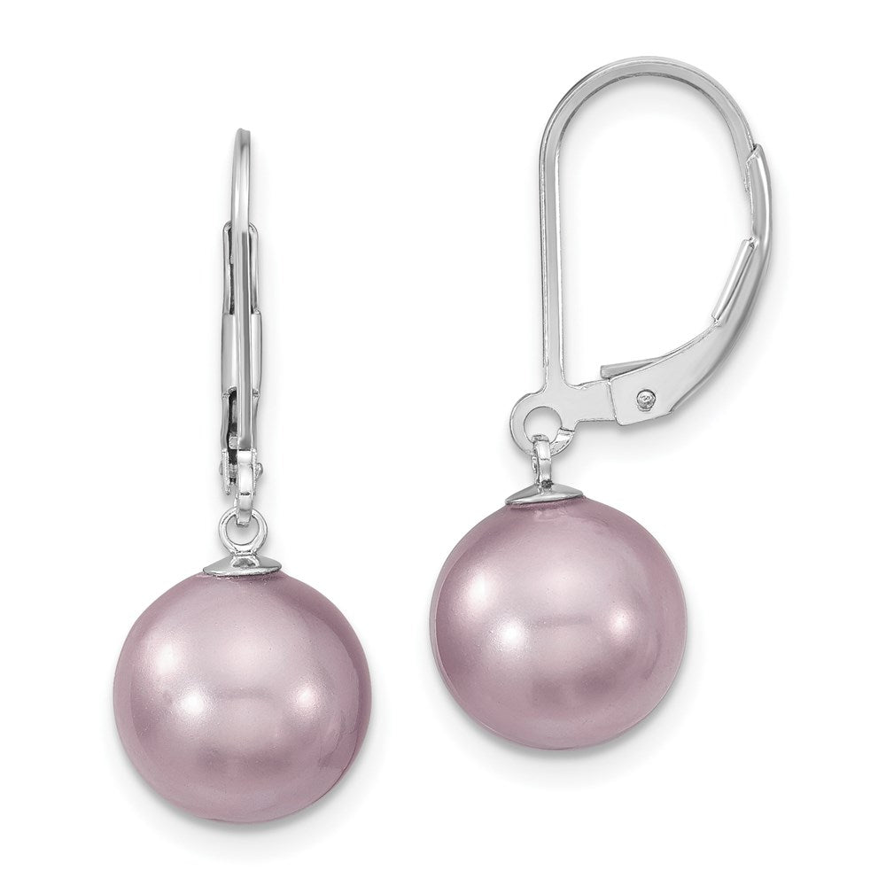 Majestik Sterling Silver Rhodium-plated 10- Purple Imitation Shell Pearl Leverback Dangle Earrings