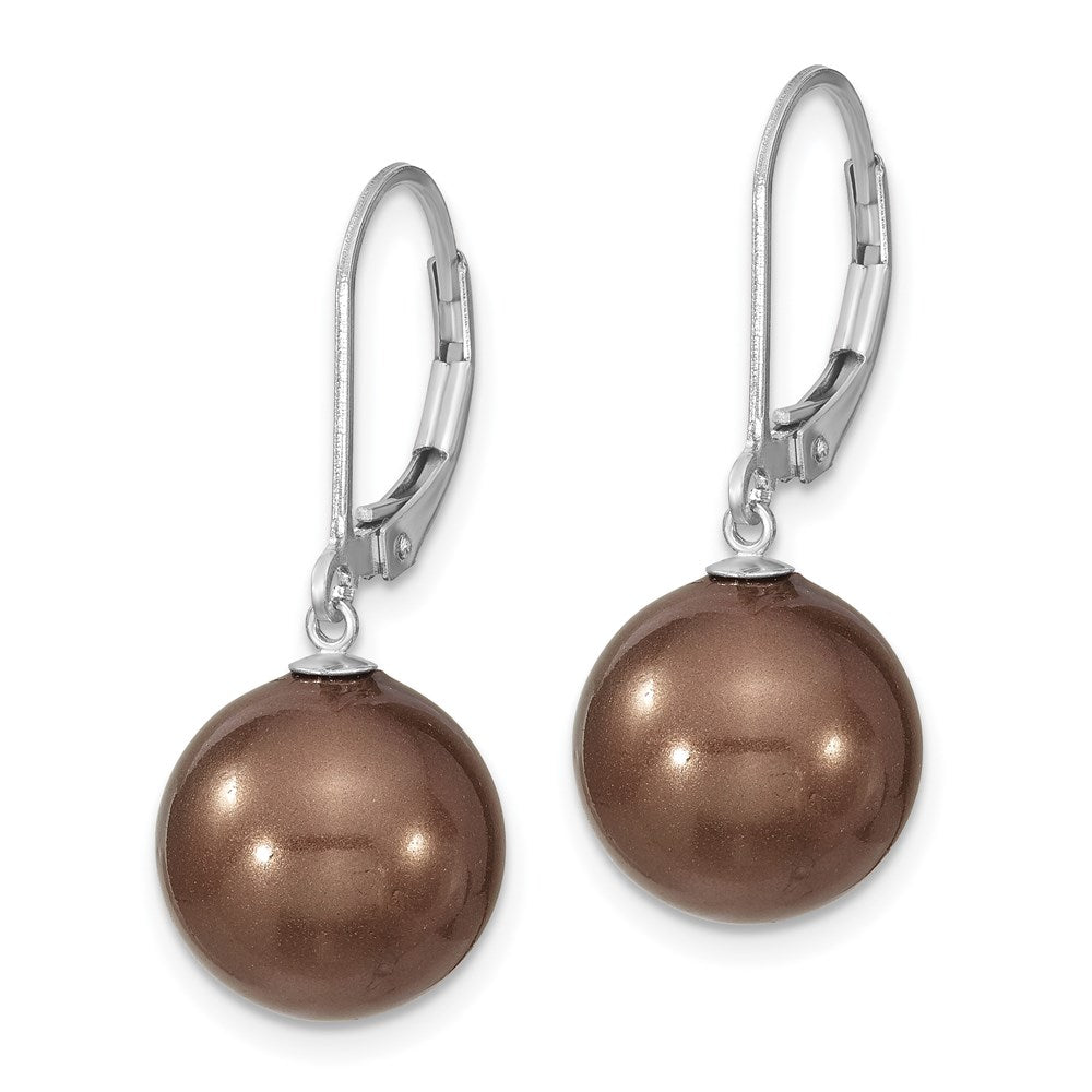 Majestik Sterling Silver Rhodium-plated 12- Brown Imitation Shell Pearl Leverback Dangle Earrings