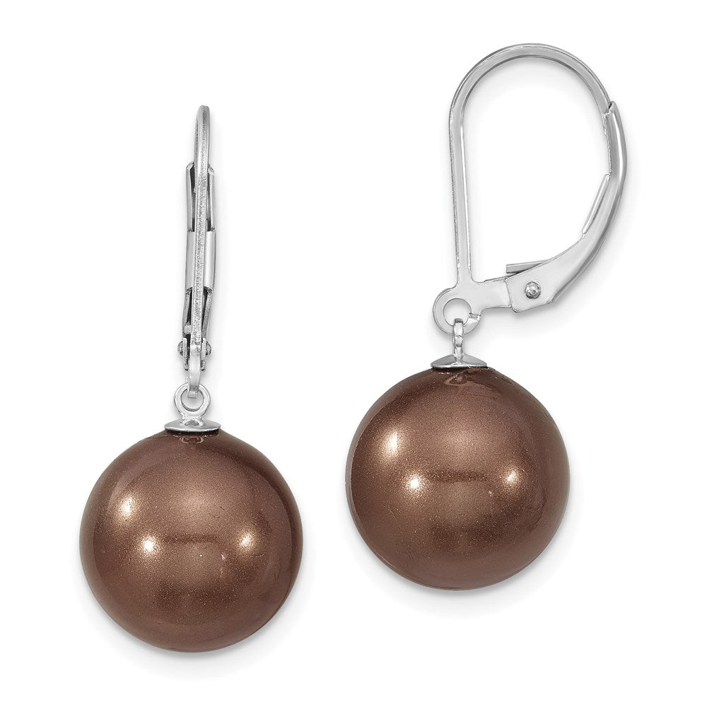 Majestik Sterling Silver Rhodium-plated 12- Brown Imitation Shell Pearl Leverback Dangle Earrings