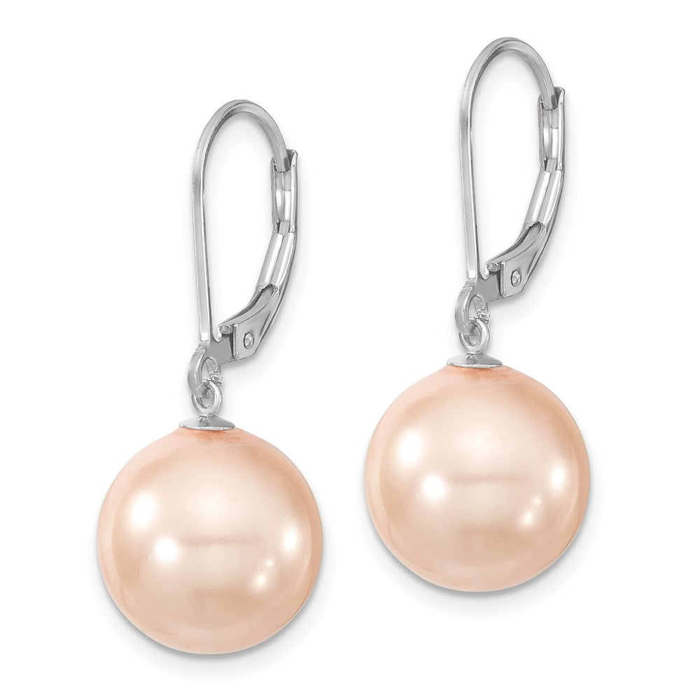 Majestik Sterling Silver Rhodium-plated 12- Pink Imitation Shell Pearl Leverback Dangle Earring