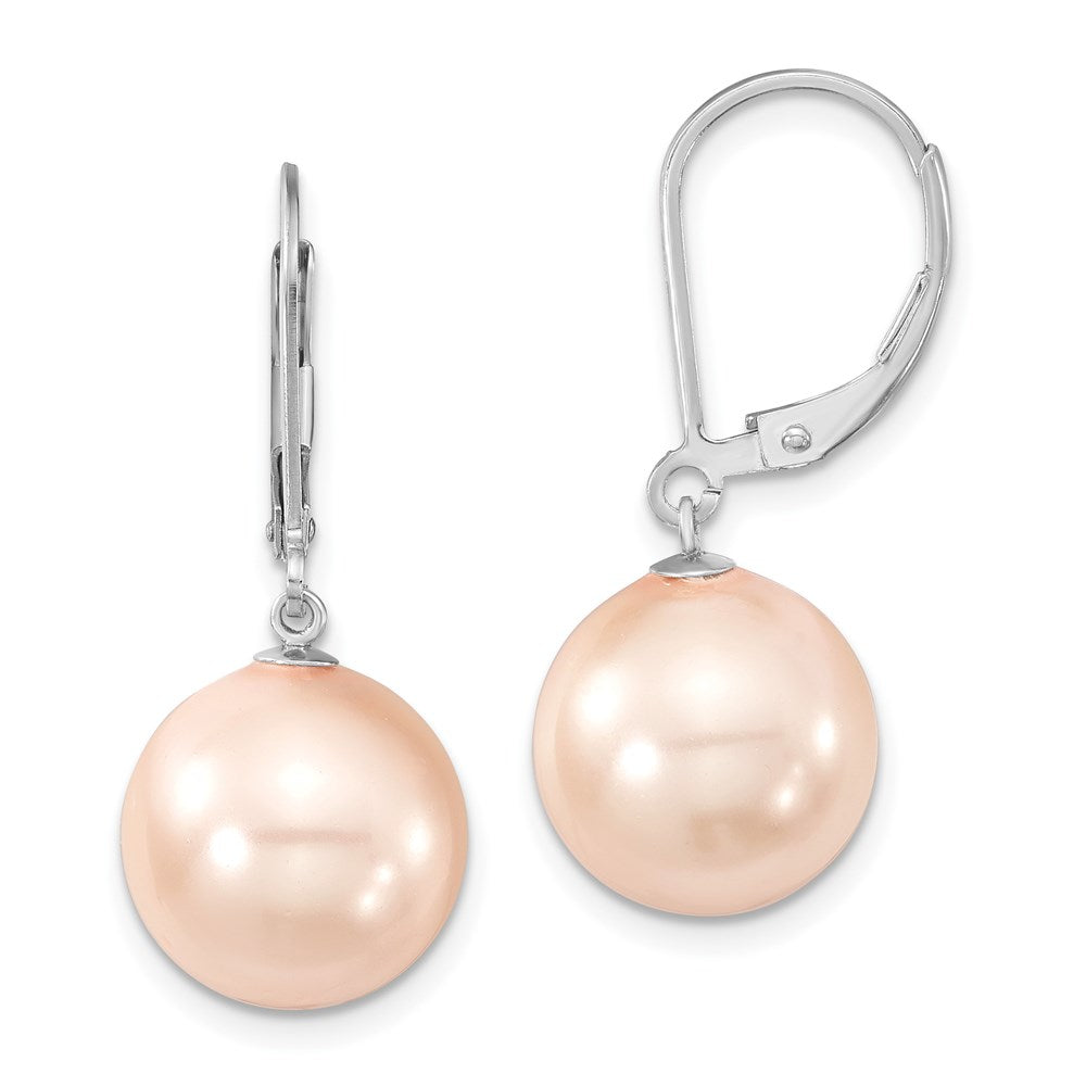 Majestik Sterling Silver Rhodium-plated 12- Pink Imitation Shell Pearl Leverback Dangle Earring