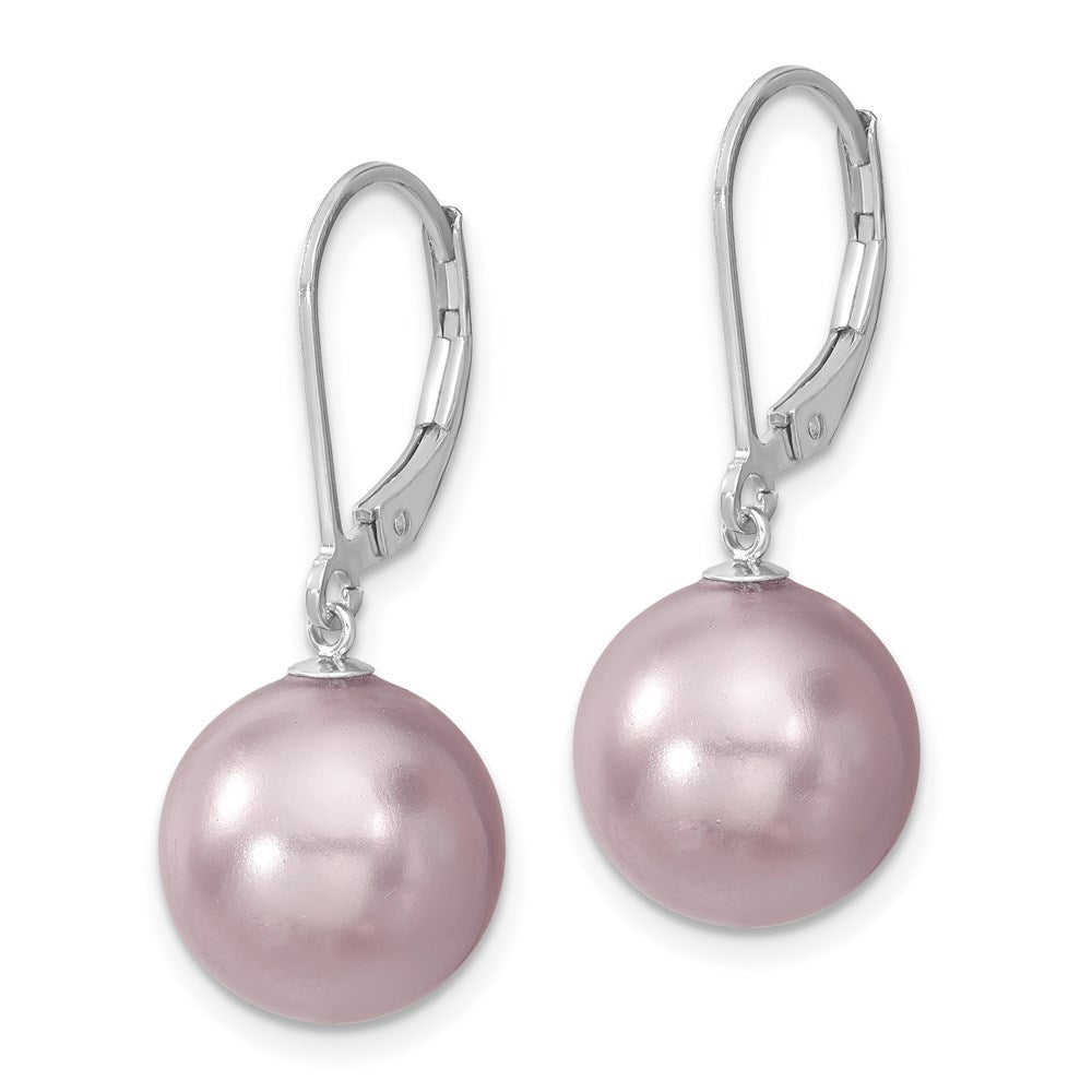 Majestik Sterling Silver Rhodium-plated 12- Purple Imitation Shell Pearl Leverback Dangle Earrings